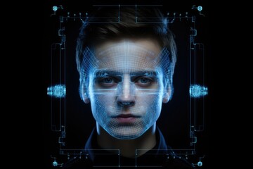 Young man with futuristic face recognition concept. 3D Rendering, Digital hologram CT scan and X-ray on a human face, presented on a dark medical screen without revealing the real, AI Generated