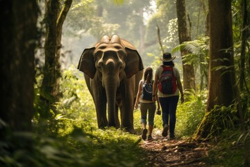 Young couple walking in the jungle with an elephant in the background, Eco travel in the jungle...