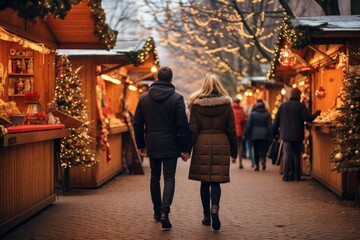 Couple walking on the Christmas market in Vilnius, Lithuania, Enjoying Christmas Market, a couple walking near stalls, AI Generated