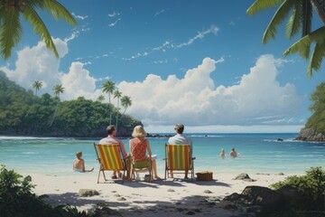 Family sitting on chairs on a tropical beach at Seychelles, Family on a tropical beach vacation, AI Generated - obrazy, fototapety, plakaty
