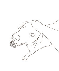 Line art top view of a Labrador looking up smiling at a camera while getting petted. Close up friendship playful hand.