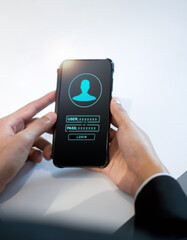 A focused man engrossed in creating his identity online, registering for an account on his smartphone. Digital Life Exploration.