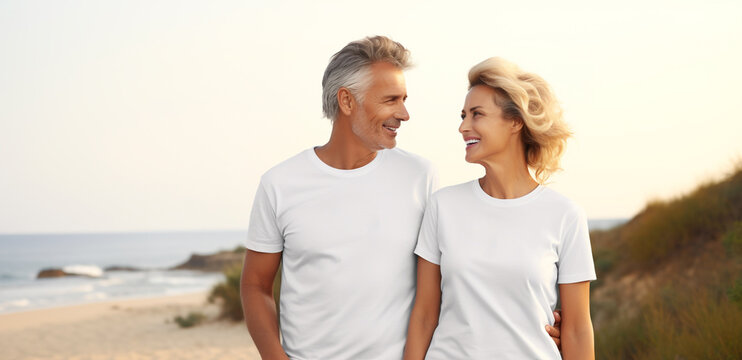 Elderly couple wearing white t-shirts