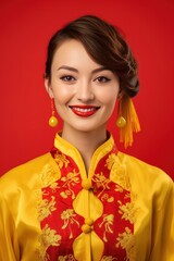 Studio portrait of happy young european woman wear traditional chinese costume on red background. Happy chinese new year