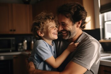 Obraz premium happy father and son hugging and laughing while sitting in kitchen at home, Father hugging cheerful son at home, AI Generated