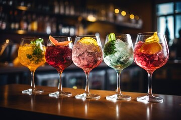 Variety of alcoholic cocktails on the bar counter in night club, Five colorful gin tonic cocktails in wine glasses on the bar counter in a pub or restaurant, AI Generated - obrazy, fototapety, plakaty