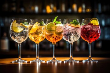 Colorful cocktails in glasses on the bar counter in a nightclub, Five colorful gin tonic cocktails in wine glasses on the bar counter in a pub or restaurant, AI Generated