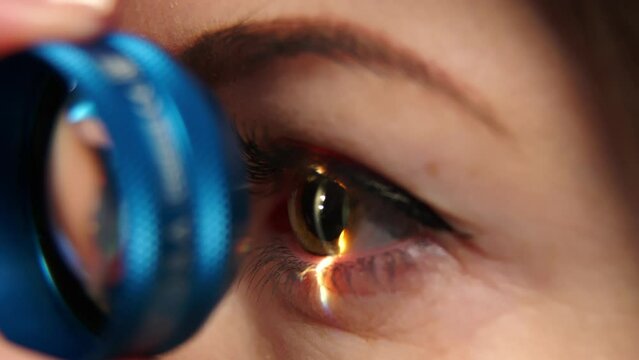 Close-up laser to improve vision. General diagnosis of eye diseases. Lens for ophthalmic diagnostics. Ophthalmic equipment for vision correction.