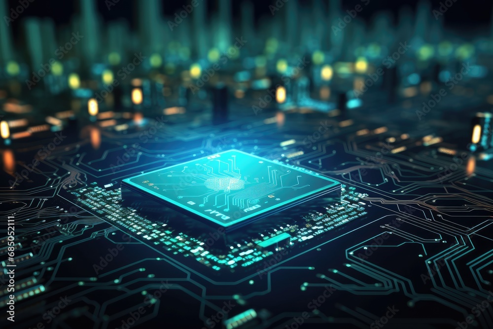 Poster circuit board with glowing microchips. 3d rendering, futuristic circuit board and microchip with a g