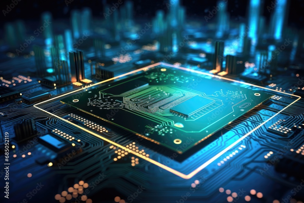 Poster close-up of electronic circuit board with microchip, 3d rendering, futuristic circuit board and micr