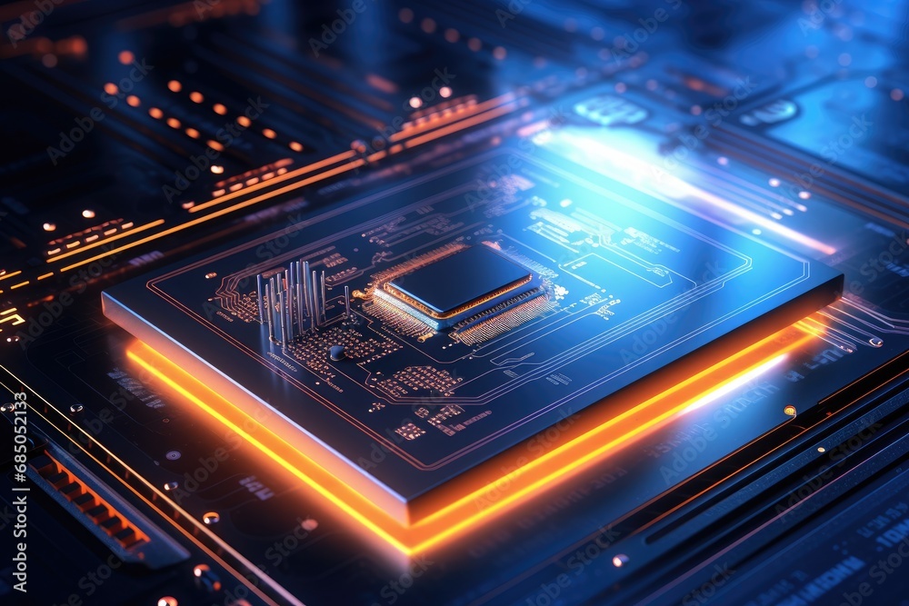 Poster circuit board close-up. technology background. 3d rendering, futuristic circuit board and microchip 