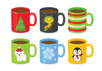 Set of cups with Christmas and New Year decorations. Collection of colorful mugs with dragon, Christmas tree, snowflake, penguin and polar bear. Vector cute cartoon illustration.
