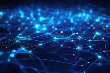 Abstract blue background with connecting dots and lines. Network concept. 3D Rendering, Futuristic technology wallpaper with digital glowing waves and a network system, AI Generated