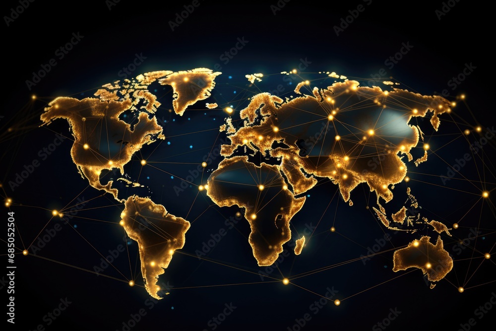Poster world map with glowing lines and dots. global network connection. vector illustration, global networ