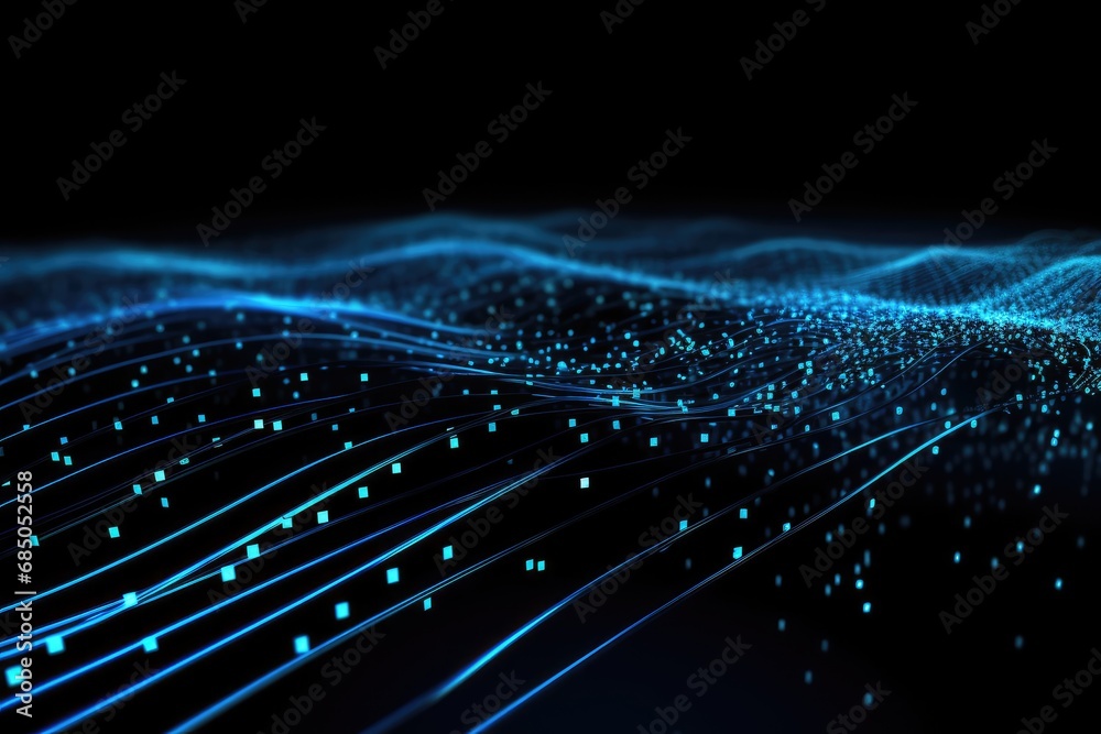 Poster futuristic technology wave background with glowing particles. 3d rendering, glowing blue lines and a