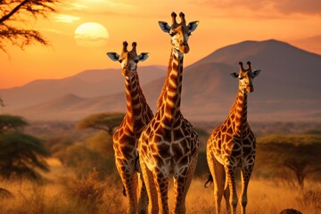 Group of giraffes in savannah at sunset, Kenya, Africa, giraffe walking in the savannah, AI Generated