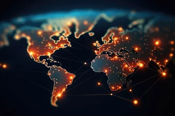 Photo sur Plexiglas Carte du monde World map glowing with lines and dots. Technology and communication concept. 3D Rendering, Global network connection concept with a world map point and line composition, AI Generated