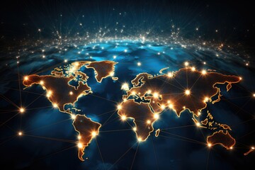 World map glowing on dark background. Global network concept. 3D Rendering, Global networking and international communication symbolized by a world map, AI Generated