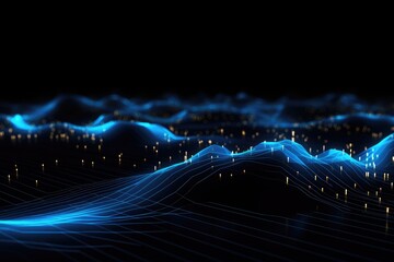 Futuristic technology wave background. Big data visualization. Graphic concept for your design, Glowing blue lines and an abstract data system on a black background representing, AI Generated - obrazy, fototapety, plakaty
