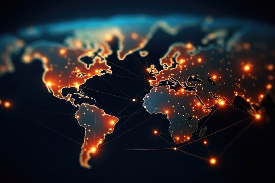 Fototapeta World map glowing with lines and dots. Technology and communication concept. 3D Rendering, Global network connection concept with a world map point and line composition, AI Generated