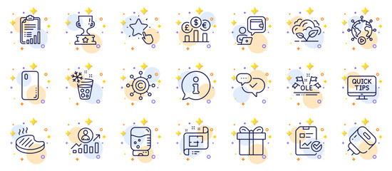 Outline set of Ole chant, Wallet and Water cooler line icons for web app. Include Co2 gas, Winner cup, Currency rate pictogram icons. Architectural plan, Ranking star, Web tutorials signs. Vector