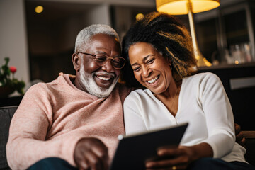 Scene with an elderly black couple smiling and looking at a tablet together - obrazy, fototapety, plakaty