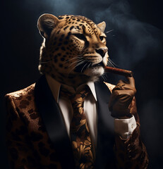 a cheetah wearing tom ford smoking a cigar