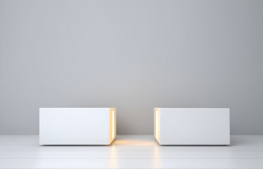 Abstract minimal concept. Two lit glowing cube podium on white grey abstract geometric background and natural shadow. Mock up template for product presentation. 3D rendering. copy text space	
