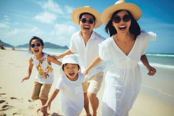 Happy family having fun on the beach at the day time. People having fun outdoors. Concept of friendly family, Happy asian family at consisting father, mother,son and daughter, AI Generated