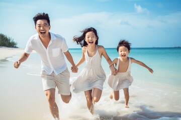 Happy asian family running and jumping on the beach in summer vacation, Happy asian family at consisting father, mother,son and daughter having fun playing beach, AI Generated