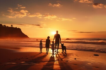 Silhouette of happy family on the beach at sunset time. Travel concept, Happy family on sandy beach near sea at sunset, AI Generated