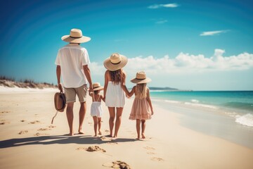 happy family with two kids walking on tropical sand beach at summer vacation, Happy family enjoying together on beach on holiday vacation, AI Generated - Powered by Adobe
