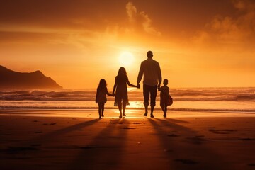 Happy family with dog walking on the beach at sunset. Concept of friendly family, Happy family on sandy beach near sea at sunset, AI Generated