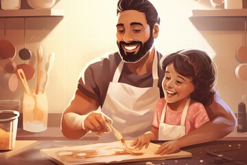 Cute little girl and her handsome father are cooking in the kitchen, Happy father and daughter baking in a kitchen, AI Generated