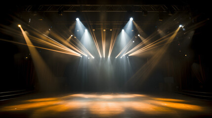An empty stage of the theater, lit by spotlights and smoke before the performance Generative AI