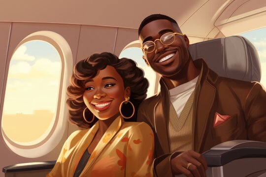 Portrait of a smiling african american couple in an airplane, Happy smiling black couple is flying in an airplane in first class, AI Generated