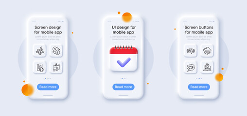 Obraz premium Teamwork, 5g wifi and Cloud storage line icons pack. 3d phone mockups with calendar. Glass smartphone screen. Internet document, Currency exchange, Journey path web icon. Vector