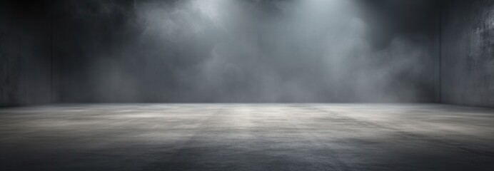 Product Showcase. Abstract Grey Smoke On Dark Room Background. Concrete Texture Podium