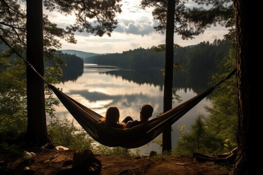 young couple resting in hammock on a lake shore at sunset, A person wearing virtual reality glasses, immersed in a futuristic, high-tech environment, AI Generated