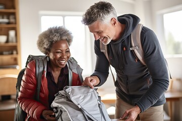 Travel, luggage and middle age couple packing for road trip vacation, journey or adventure together. Love, happy and transportation with man and woman excited for summer holiday with suitcase, bags