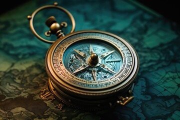 Compass on old map. Vintage style toned picture. Selective focus, A retro compass that looks like it belongs to a pirate, AI Generated