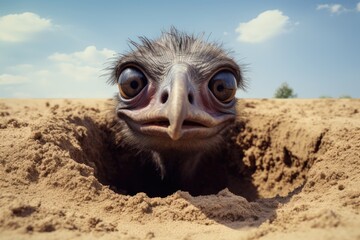 Ostrich looking out of hole in the sand with blue sky, A scared ostrich burying its head in the...