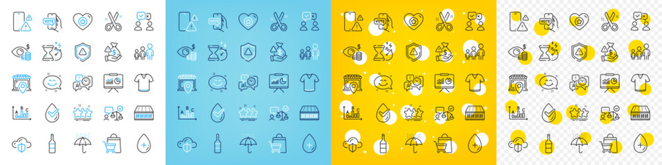 Vector icons set of Heart, Market location and Survey results line icons pack for web with Smile chat, T-shirt, Mattress outline icon. Business vision, Bribe, People voting pictogram. Vector