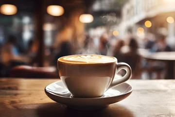 Rolgordijnen Hot Latte coffee cup on wood table at cafe in the morning. blur moving people at cafe background © totojang1977