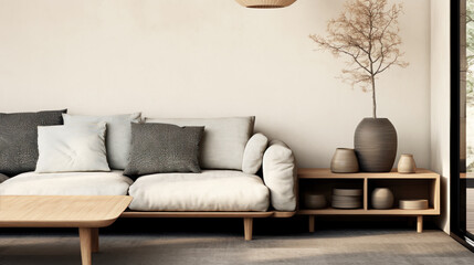 Japandi living room interior design. 
