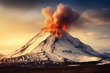 Volcanic eruption at sunset. 3d illustration of volcanic eruption, A small volcanic eruption on Mt Fagradalsfjall, Southwest Iceland, AI Generated