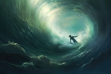 Surfer in ocean with big wave. 3d render illustration, A surfer man with a surfboard dives underwater with an ocean wave beneath, AI Generated