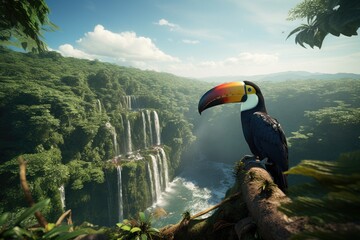 Toucan on the top of a waterfall in Costa Rica, A toucan overlooking the Amazon rainforest, AI Generated