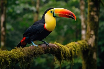 Obraz premium Toucan sitting on a branch in the rainforest of Costa Rica, A toucan overlooking the Amazon rainforest, AI Generated