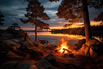 Campfire on the shore of a lake at sunset in Finland, A wild campfire in a national park in Sweden, AI Generated